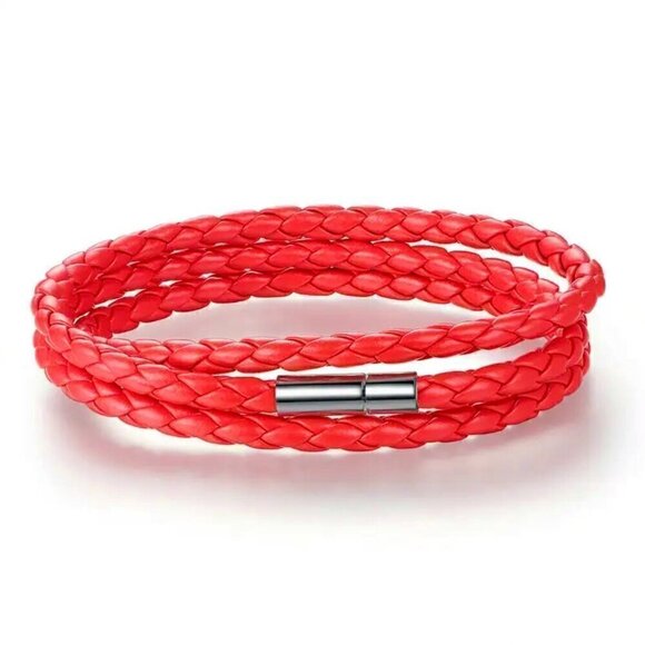 NWT Red Coral Leather Silver Clasp Braided Woven Wrap Around Bracelet Unisex - Picture 1 of 11
